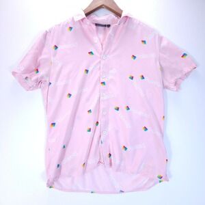 Polaroid Button Up‎ Shirt Mens Medium Pink Rainbow Logo Short Sleeve Vintage Y2K